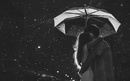 Hug in the rain - rain, together, black and white, love, umbrella, embrace, people, couple, hug