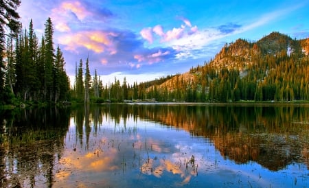 Blue Lake Sunrise - clouds, trees, beautiful, forest, reflection, Idaho, lake, mountains, sky