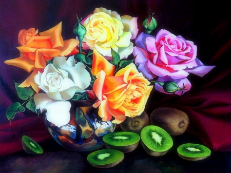 ..Last Summer Days.. - roses, fruits, draw and paint, summer, lovely, creative pre-made, love four seasons, pretty, beautiful, seasons, colors, paintings, beloved valentines, flowers, lovely still life, drawings