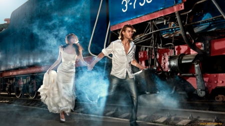 run... - jeans, shirt, runing, couple, wedding dress