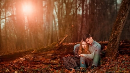 couple in sunset - mood, love, sunset, forest