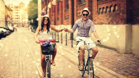 couple in cycle - cycle, street, smile, couple