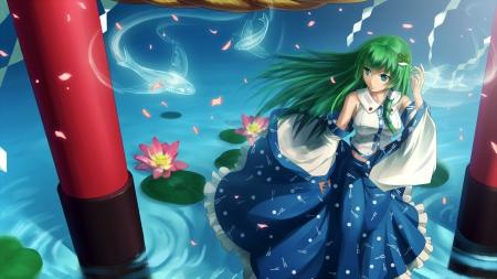 One With The Water & Fish - anime, water, green hair, long hair, kochiya sanae, flowers, japanese clothes, touhou, fish