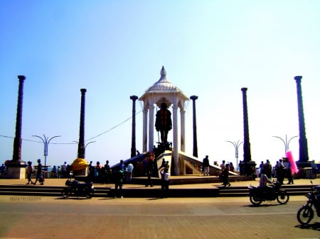 Pondicherry - Pondicherry, people, beach, blue sky, Indian Photography, statue, gandhi