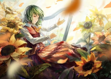 ~The Harpist~ - short hair, kazami yuuka, harp, sunflowers, anime, touhou, green hair, red eyes