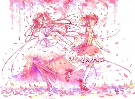 Ultimate & Kaname Madoka - girls, mahou shoujo madoka magica, bows, kaname madoka, ultimate madoka, long hair, pink hair, boots, gloves, ponytails, dresses, petals, anime, friends, short hair