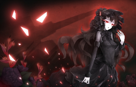 Black Tears - anime, female, dress, light, gloomy, emotional, lolita, dark, gloom, sad, red, horror, sorrow, sparks, loli, anime girl, creep, eeris, girl, glow, black