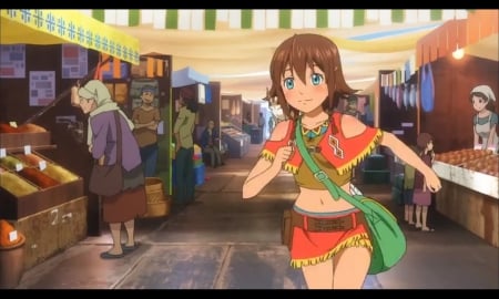 Running Free - nice, female, people, anime girl, miniskirt, brown hair, pretty, anime, short hair, scene, skirt, scenic, girl, running, bag, lovely, shop, run, stall, market, scenery, sweet