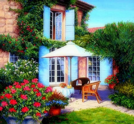 ★Umbrella in the Sun★ - trees, summer, attractions in dreams, creative pre-made, beautiful, paintings, lovely, drawings, gardens and parks, architecture, flowers, umbrella, seasons, love four seasons, houses, gardening