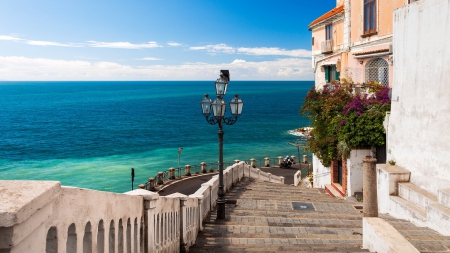 Atrani (Italy) - stairs, ocean, houses, travel, italy, wallpaper, italia, buildings, atrani, nature, seas, architecture, sea, new