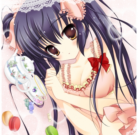 Furifuri Azunyan - plate, lying, adorable, lay, ribbon, tea, azusa nakano, anime, k-on, laying, azusa, lovely, female, nakano, nakano azusa, cute, beautiful, girl, anime girl, cup, tea pot, teapot, sundress, pretty, kawaii, beauty, sweet, hd, dress, kon, long hair, nice, brown eyes