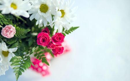 Spring - pink roses, beautiful, flowers, bouquet, daisies, vase