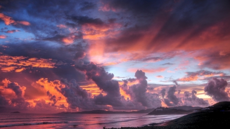 absolutely fabulous sky - clouds, shore, sea, pink, sky