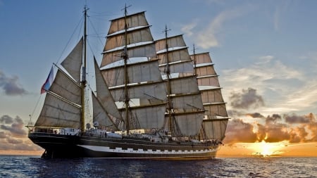 magnificent russian tall ship at sea - flag, sails, sail ship, sunset, sea