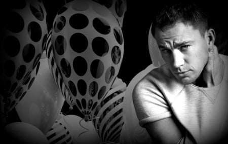 Channing Tatum - actor, by cehenot, Channing Tatum, man, black, handsome, white, balloons, dot, stripe