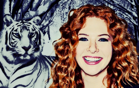 Rachelle Lefevre - woman, actress, redhead, girl, rachelle lefevre, poster, white, art, pink, blue, by cehenot, smile, tiger