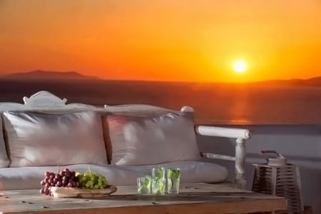 Relaxing at sunset.. - white sofa, evening, orange, sunset, sea, couch