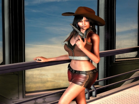 Futuristic Cowgirl - fun, westerns, cowgirls, hats, drawing, females, pretty, anime, guns