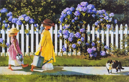 The gardeners - blossoms, girls, summer, pretty, walk, beautiful, flowers, spring, cat, garden, fence, friends, gardeners