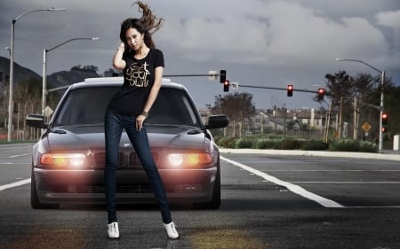 girl with bmw - asian girl, enjoy, cute, black, road, model, girl and cars, girl, fantasy, car, bmw740, black bmw, bmw and girl, asian, cars, bmw