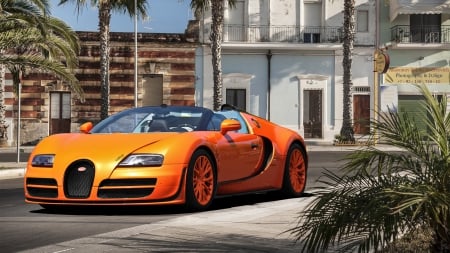 orange bugattii veyron vitesse - street, town, car, orange, trees