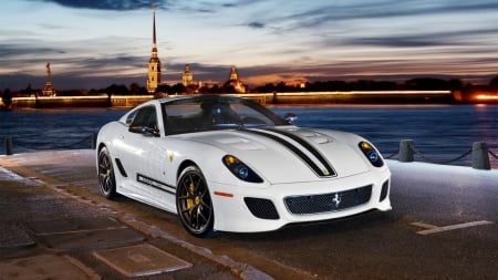 ferrari 599 gto - river, wharf, white, car, dusk