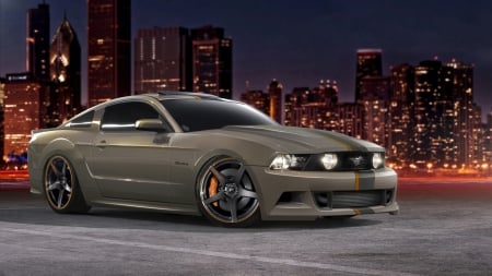 ford mustang gt-5 tjin edition - lights, car, city, wharf, gray, night