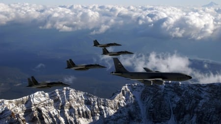 kc 135 stratotanker and f-15a eagles - tanker, clouds, mountains, flight, fighters, planes