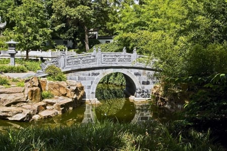 Chinese Park Bridge - river, trees, water, nature, reflection