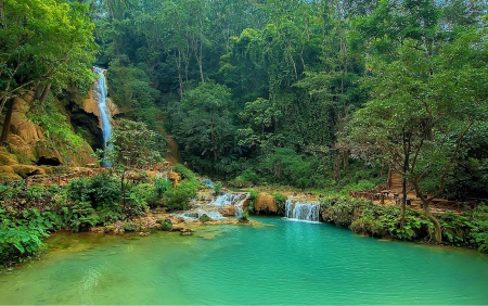 Kuang Si Falls, Laos - trees, waterfalls, turquoise blue pools, trails, beautiful, forest, shallow pools, walkways, emerald