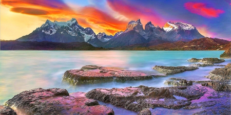 Sunset Mountains - turquoise, lake, sky, torres del paine, national park, chile, snowy peaks, mountains, sunset, patagonia, yellow, red, beautiful, clouds