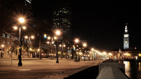 night on a usa city - street, lights, waterfront, city, night, clock tower, lamps