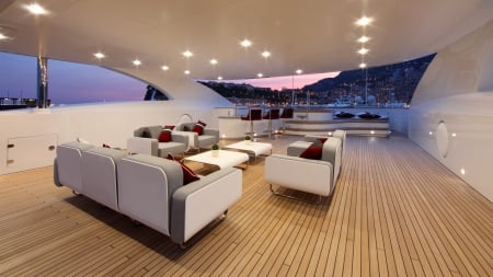 view from interior deck of a yacht - view, dusk, deck, interior, yacht