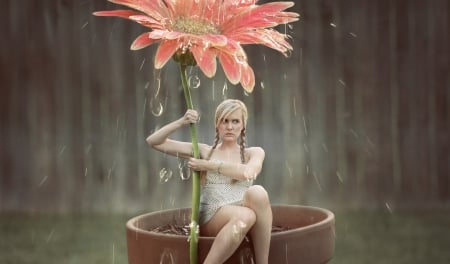 * Under umbrella * - drops, rain, flowers, girl, nature