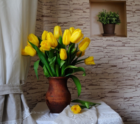 Still life - nature, tulips, flowers, yellow