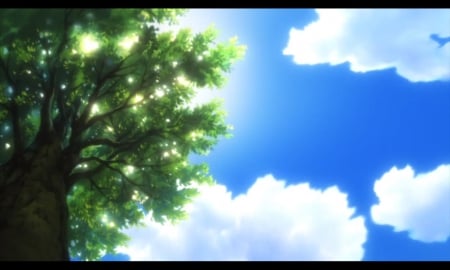 Blue Sky - scenery, blue, light, plant, anime scene, sunray, sky, sunlight, ray, beautiful, scenic, beauty, tree, top, nature, above, green, cloud, little busters, shine