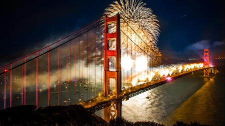 celebratory fireworks on the golden gate bridge - boats, night, fireworks, bridge, bay