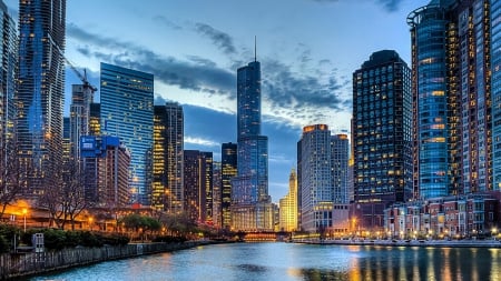 the chicago river in a city of the same name - river, lights, skyscrapers, dusk, city