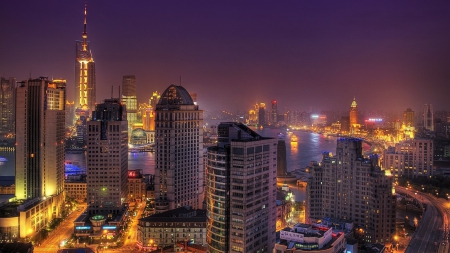 shanghai cityscape at night hdr - river, night, city, hdr, tower, skyscrapers, lights