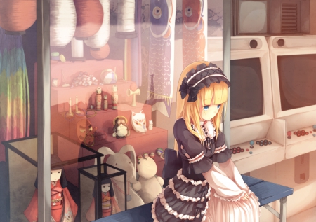 Lonely Maiden - alone, brown clothes, cute, maiden, beautiful, lonely, blonde, girl, ribbon, shop, wonderful, waiting, sweet, window, anime, headband, lovely, sad, dolls