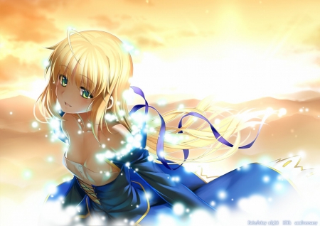 Saber - lights, cute, maiden, beautiful, blonde, girl, eyes, splendid, wonderful, mountain, blue ribbon, ray, evening, sweet, anime, sky, blue clothes, nice, lovely, saber