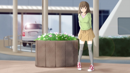 Waiting Happily - Anime Girl, Brown Hair, Happy Girl, Green Sweater, Anime, Happy, Waiting, Suiso Nikkeru, Suiso, Happy Expression, White Flowers, Nikkeru