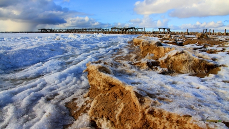 broken down pier in winter - ice, winter, beach rocks, broken, sea, pier