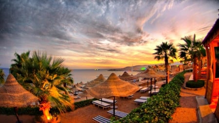 sunset over a tropical beach resort hdr - sunset, beach, hdr, sea, resort, umbrellas