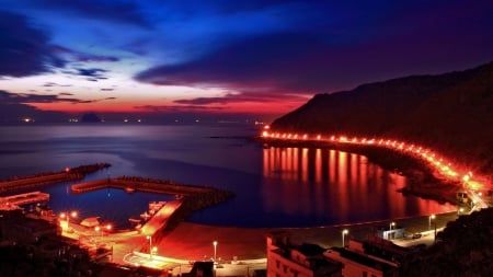 city harbor pier at twilight - lights, city, hills, harbor, pier, wharf, twilight