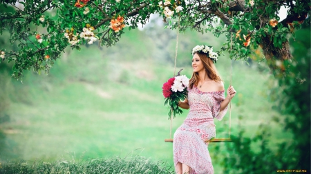 beauty in swing - beauty, swing, field, flower