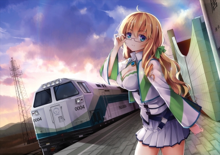 Train Station - pretty, anime, female, scenery, scene, blonde, blond hair, night, long hair, train, blond, nice, miniskirt, sky, anime girl, train station, skirt, beautiful, girl, blonde hair, beauty, lovely, sweet, cloud