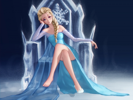 Ice Throne - gown, blond hair, maiden, braids, beautiful, frozen, blonde, blond, blonde hair, lady, movie, elsa, pretty, beauty, sweet, dress, blue, long hair, nice, lovely, throne, ice