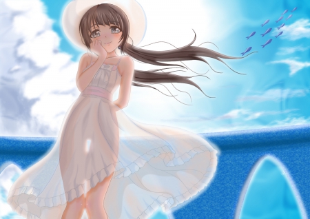 The Ocean - sky, female, hat, sundress, twintail, anime girl, shine, brown hair, windy, anime, twin tail, cute, ocean, blow, adorable, girl, twintails, long hair, lovely, shining, glow, kawaii, blue white, twin tails, blowing, sweet, sea, spendid, dress