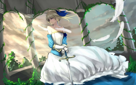 Saber - pretty, saber, anime, female, windy, scene, maiden, dress, blonde, blond hair, long hair, blond, weapon, nice, anime girl, beautiful, girl, sword, blonde hair, feather, beauty, lovely, sweet, blade, wind, lady, fate stay night, excalibur